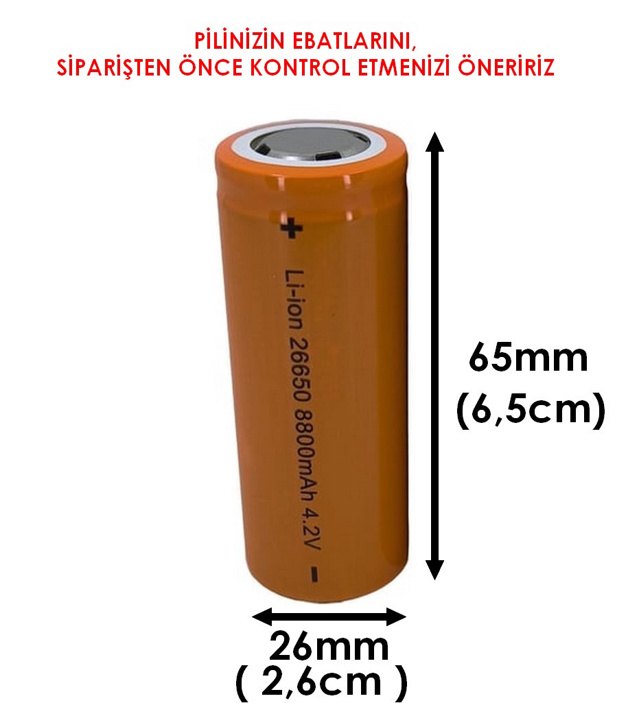 Watton 26650 4.2v 8800mAh Li-ion Şarjlı Pil Sarı 26mmx65mm