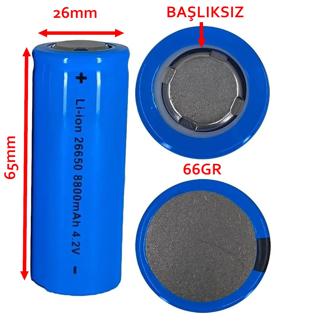 Watton 26650 4.2v 8800mAh Lithium Li-ion Şarjlı Pil Mavi 26x65mm