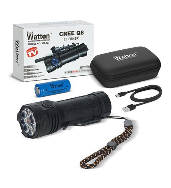 Watton WT-623 Cree Q8 6000 Lümen 7 Mod Yağmur Suyu Geçirmeyen El Feneri