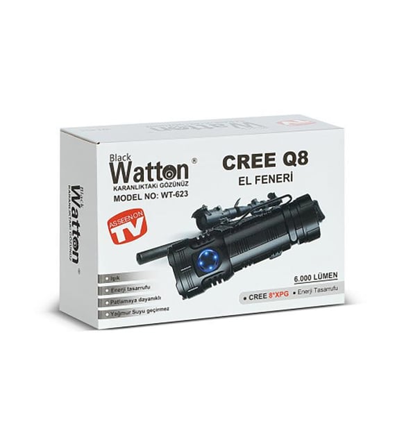Watton WT-623 Cree Q8 6000 Lümen 7 Mod Yağmur Suyu Geçirmeyen El Feneri