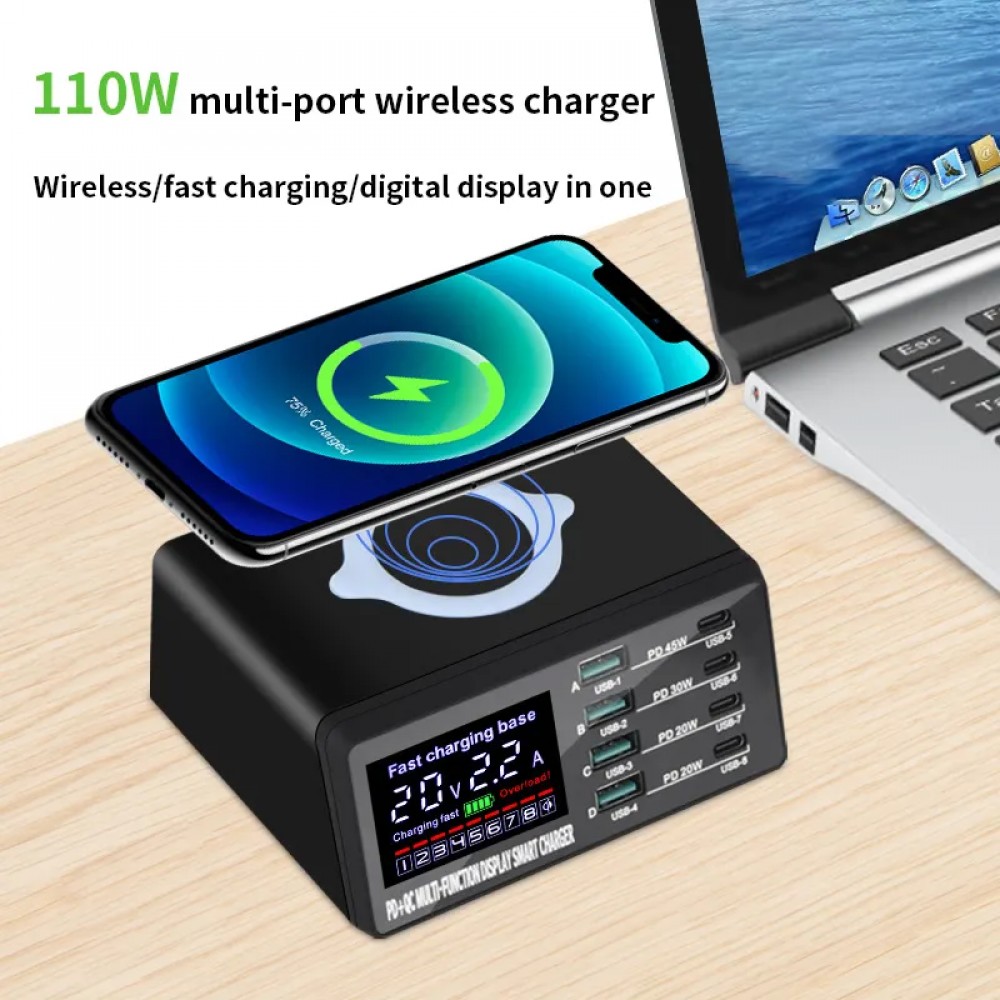 WLX-X9D 8 Port Kablosuz QC3 Hızlı Şarj Aleti+4 USB 4 TYPE-C  110W