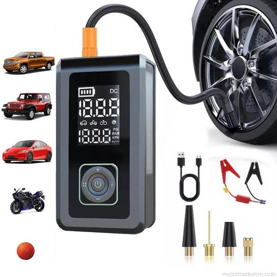 Akü Takviyeli 8000mAh Şarjlı Lastik Şişirme Pompası Hava Kompresörü Çantalı